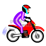 The clipart image depicts a person riding a red motorcycle. The rider is wearing a helmet and a violet outfit.