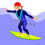 This clipart image shows a person surfing. They are standing on a surfboard riding a wave, with a focused expression. The surfer is wearing a wetsuit and a headband.