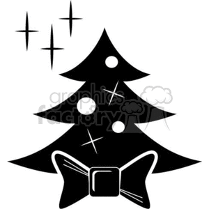 clipart - Black and White Christmas Tree Decorated Bow and Stars.