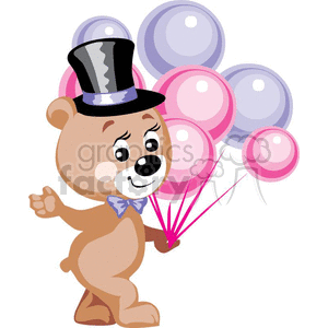 Teddy bear holding pink and purple balloons clipart.