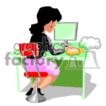This clipart image depicts a person sitting at a desk with a computer monitor. The person appears to be engaged in work or study, as they are also looking at a document on the desk. The scene suggests a workplace or home office environment.