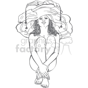 black and white image of girl wearing only a joker hat clipart. Commercial use image # 371645