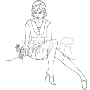 cute black and white lady sitting with a flower clipart.