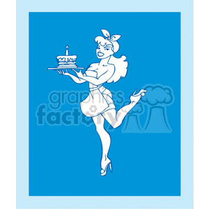 clipart - black and white waitress holding a birthday cake.