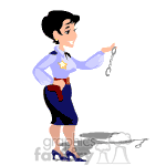 The image shows a clipart of a female police officer. She is depicted standing with one hand on her hip and the other hand holding a pair of handcuffs. She has a badge visible on her shirt, and her shadow is cast on the ground beside her.