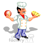 Animated chef holding up cheese. clipart.