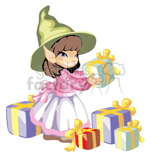 small elf girl getting presents ready for Christmas clipart. Commercial use image # 372612