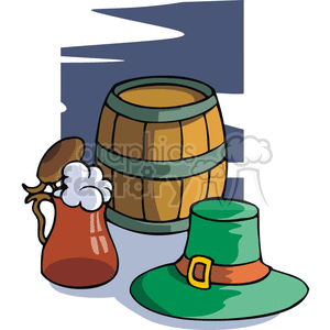Irish hat, beer, and keg.