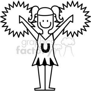 Black and White Happy U Cheerleader Cheering with Piggy Tails clipart. Royalty-free image # 373075