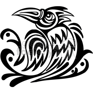 Black and white tribal crow, left-facing clipart.