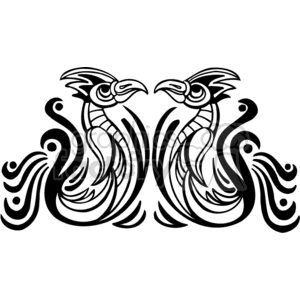 Black and white tribal pheonix birds seated face to face, mirror image clipart.