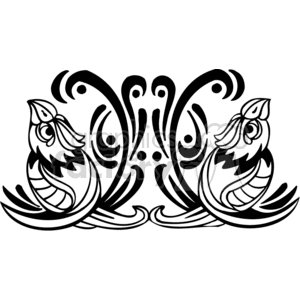 Black and white tribal birds looking a sky with crossed wings, mirror image clipart.