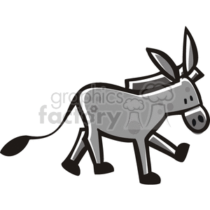 The image is a cartoon of a donkey that is walking. The donkey is mainly gray in color. It has a long snout, large ears, and a tuft of fur on its tail. The donkey is facing towards the right and some of its legs are in the air.