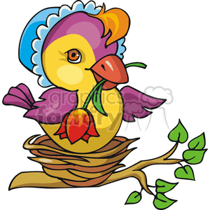 Baby Chick Holding a Flower Sitting in a Nest clipart. Commercial use image # 144374