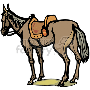 A Brown Horse Standing Still with a Saddle on it clipart. Commercial use image # 374195