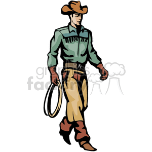 clipart - A Wild West Cowboy in a Green Shirt and Brown Chaps Holding a Rope.