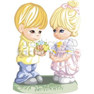 clipart - Little Boy Holding Flowers and Girl in Pink Standing Together .