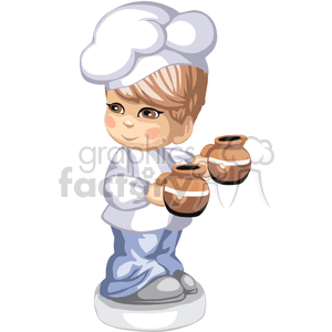 A Little Boy Wearing a Chef hat Holding two Brown Pots