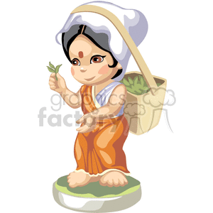 Indian girl in a orange sarong carrying a basket by its strap on her head clipart.