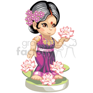 An indian girl wearing purple with lots of gold jewelry surrounded by flowers clipart. Commercial use image # 376156