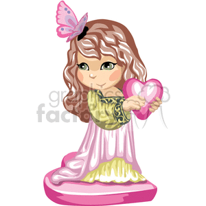 Little girl wearing a green and pink long dress holding a heart  clipart. Commercial use image # 376201