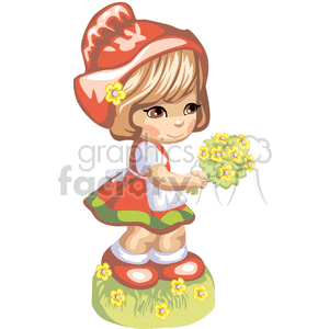 A Little Girl Dressed in Red Holding a Yellow and Green Bouquet of Flowers clipart. Royalty-free image # 376206