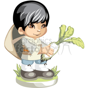 Asian boy holding a freshly picked turnip clipart.