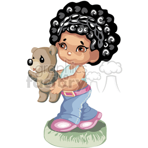 clipart - Little African American girl holding her teddy bear.