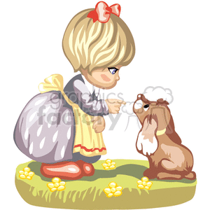A Little Girl with a Yellow Apron Telling her dog to Stay