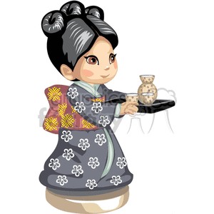 An asian girl in a gray kimono serving tea