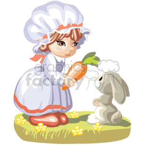 A Little Girl Wearing a White Dress Giving a Rabbit a Carrot clipart.