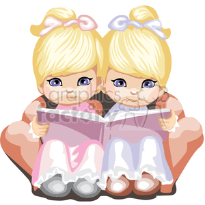 Two Little Blue Eyed Girls in Pink and Blue Reading a Book clipart.