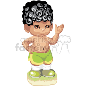 A curly black haired boy with no shirt and green shorts and tennis shoes