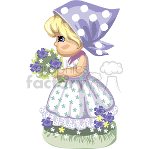Little girl holding a bouquet of flowers in a green flowered dress with a scarf on her head clipart. Royalty-free image # 376311