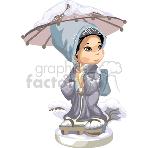 An Asian girl in the winter snow holding an umbrella