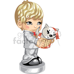 A little boy in a grey suit holding a kitten in a basket clipart. Commercial use image # 376326