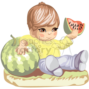 clipart - Boy eating a slice of watermelon during a summer picnic.