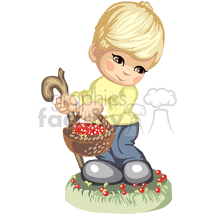 A boy with a walking stick and a basket of berries clipart. Commercial use image # 376351