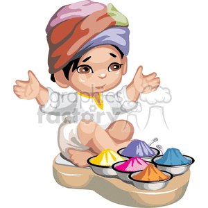 A little indian boy sitting with his legs crossed with bowls of icecream in front of him clipart.
