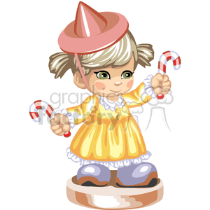 Little girl in a yellow dress with a pink hat holding candy canes