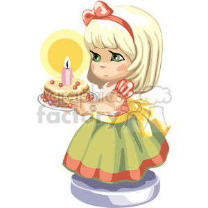 Blonde haired little girl in a party dress holding a birthday cake