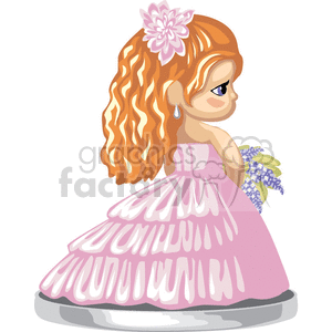 clipart - A red haired girl in a pink dress with a pink flower in her hair carrying a bouquet.
