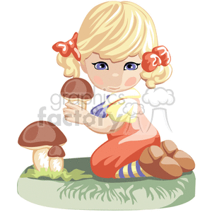 Little Blonde Girl kneeling Down holding a Mushroom clipart.