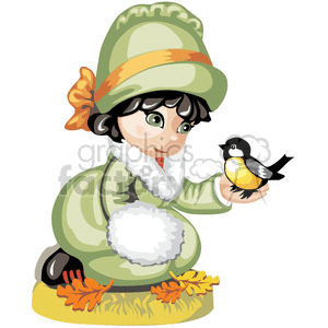 Girl dressed in green coat with fur around the collar and a fur muff holding a bird clipart. Commercial use image # 376421