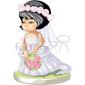 A little bride with pink flowers in her hair and her hands