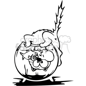 Black and white Kitten with his head stuck in a fishbowl  clipart.