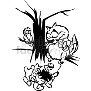 Black and white image of a cat in a tree teasing a dog clipart.