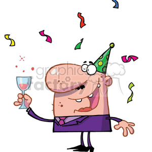 clipart - Mean celebrating with wine glass and party streamers.