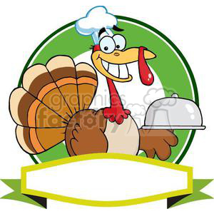 3511-Turkey-Chef-Serving-A-Platter-Over-A-Circle-And-Blank-Green-Banner clipart.