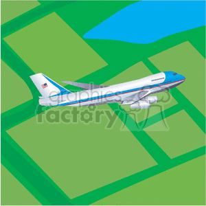 Air Force One flying over land clipart.